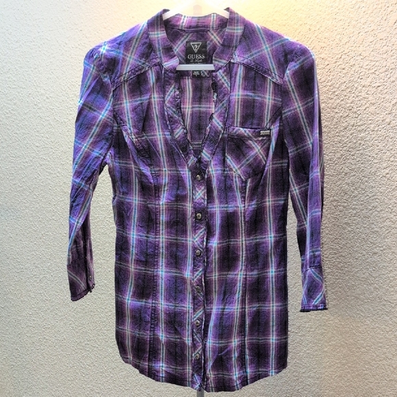 Guess Purple Plaid Shirt - Picture 1 of 5
